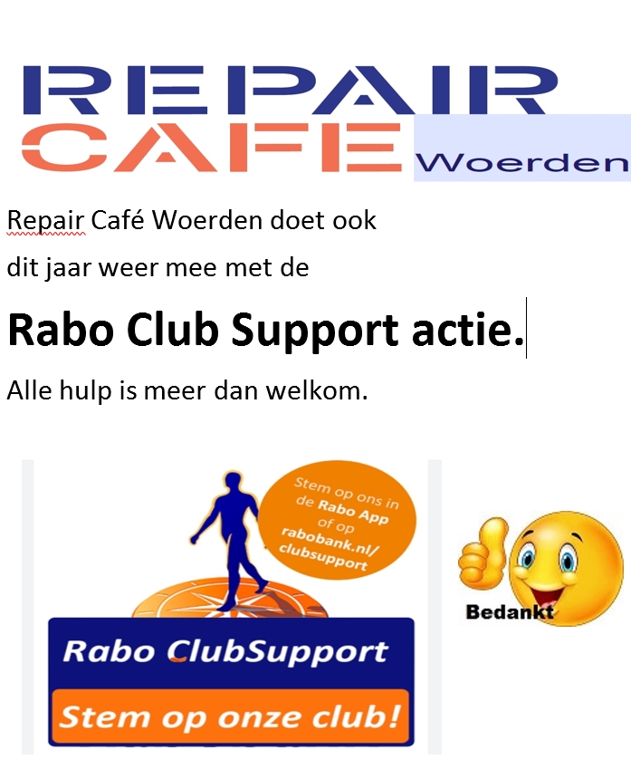 Ook dit jaar doet repair Cafe Woerden weer mee met de Rabo Club Support!
Stemmen kan vanaf 1 September 2025
Let op wij staan bij "Rijn en Veenstromen"
rabobank.nl/leden/clubsupp…