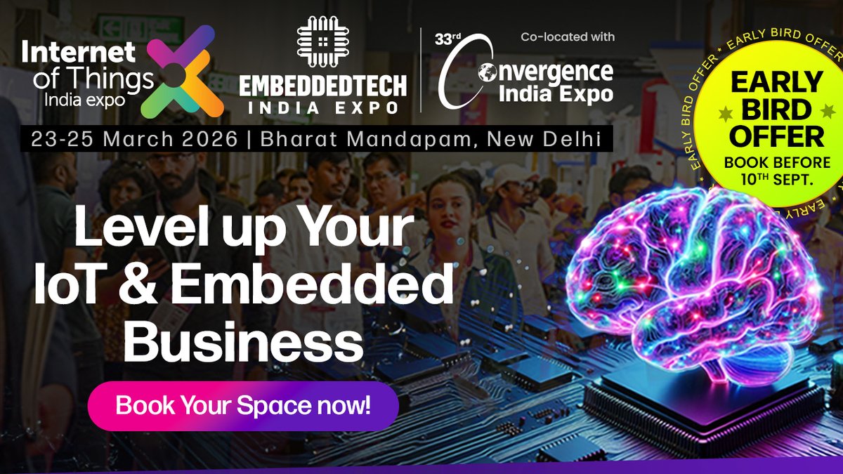 IotIndiaExpo's tweet image. From cutting-edge #IoT to next-gen #EmbeddedSystems, connect with leaders, innovators & decision-makers driving India’s digital transformation.
Book your space now — Early Bird till 10 Sept 2025!
👉 iotindiaexpo.com | embeddedtechexpo.com
#CI2026
