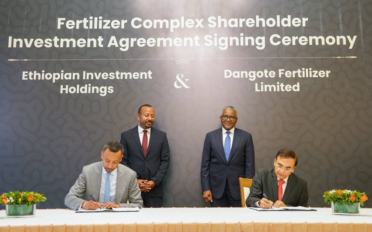 Ethiopian Investment Holdings (EIH), the strategic investment arm of the Government of Ethiopia, and Dangote Group  have signed a landmark agreement to develop a world-class urea fertilizer complex in Gode, Ethiopia. The $2.5 billion project will produce up to 3 million metric