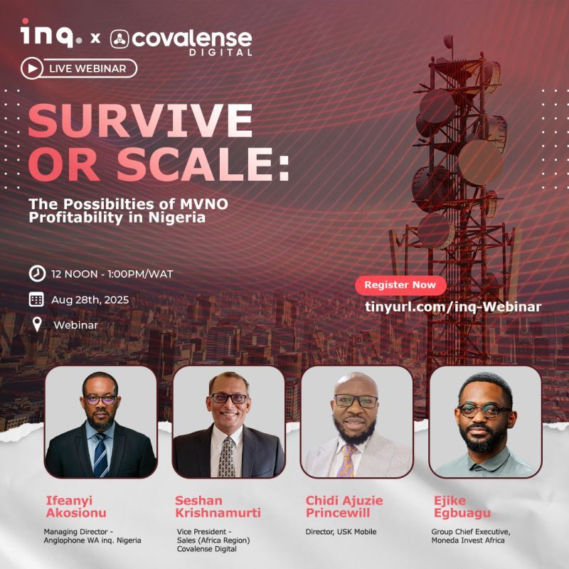 Just two hours left! ⏰ Don't miss this insightful session by a panel of experts discussing #MVNO profitability in #Nigeria. Learn the path from survival to scalable growth, GTM strategies, and successful #MNO collaborations. Register now: tinyurl.com/inq-Webinar
#Africa #Telecom