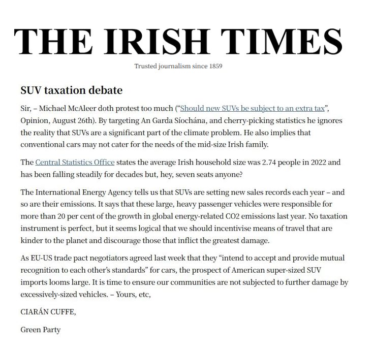 SUVs are a significant part of the climate crisis. It is time to take back our streets. My letter in today’s Irish Times.