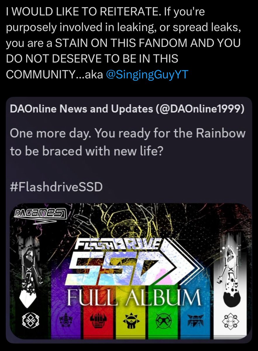 Dovahc0m's tweet photo. Who’s gonna tell em that it’s just a thumbnail…

Like bro, it’s just the album cover with “Full Album” on it. How is that considered a leak.

#FreeSingingGuy Bro was just doing his unpaid job, it ain’t that serious..

Everyone’s acting like he posted the full album itself. 💀 https://t.co/fe5AcISl62