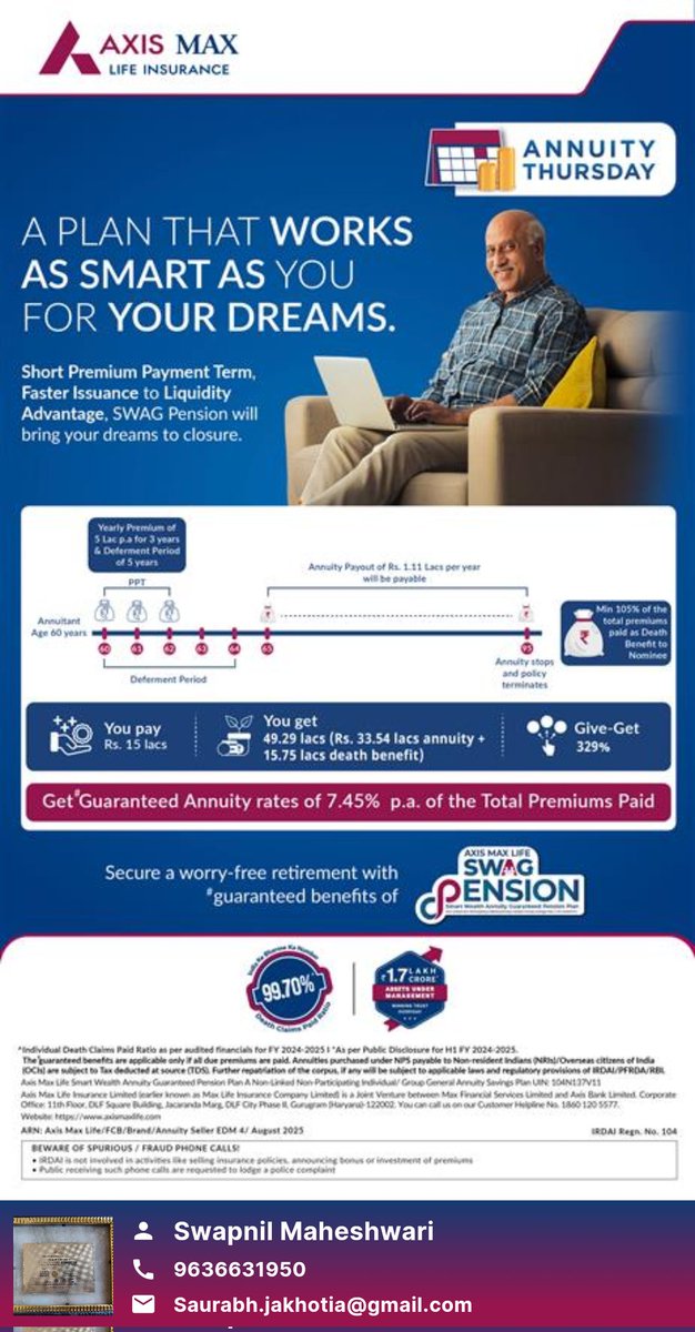 swap_maheshwari's tweet image. Secure your Retirement with Axis Max Life SWAG Pension.
Here’s why it’s the smart choice:

1. Short Premium Paymnt Term – Pay 4 just 2, 3, or 4 yrs &amp;amp; enjoy Lyftym annuity benefits.
2. Faster Issuance wth No Medicals, No Hassle
3. Liquidity -wenevr  u need it
#retirementfund
