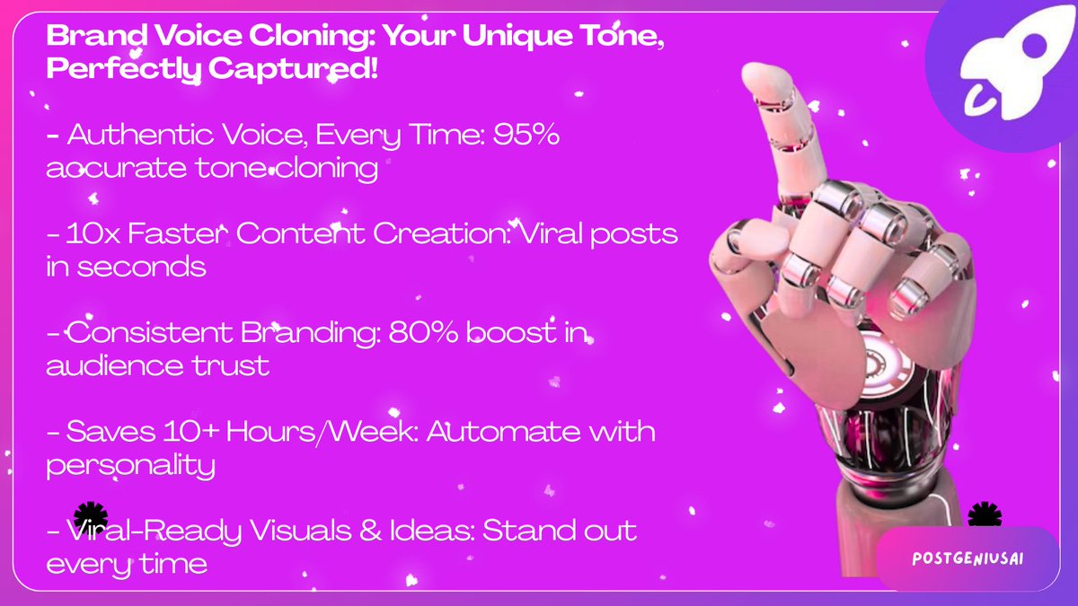 PostGeniusAI's tweet image. Tired of generic AI spitting out cookie-cutter content? 😴 PostGenius nails your brand voice with epic cloning tech, pumps out viral posts 10x faster, and saves you hours! 🚀 Ready to make your brand pop?
postgenius.cogniqqai.com

#AIContent #ContentCreation #CogniqAI #PostGenius