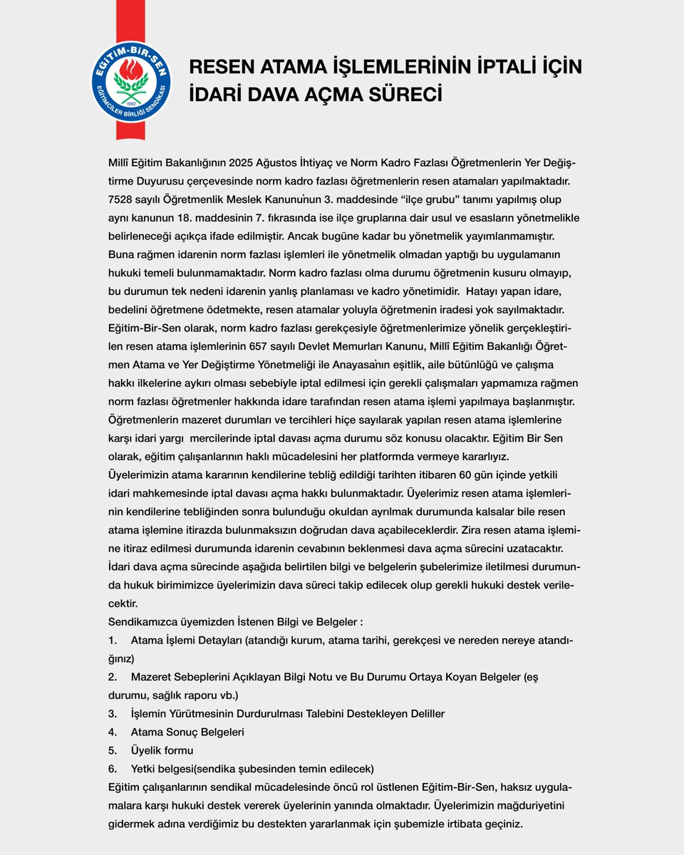 Eğitim kurumlarının normları güncellenmeden yapılan re’sen öğretmen atamalarını kabul etmiyoruz. 

Mağdur olan üyelerimize her tür hukuki destek vereceğiz.