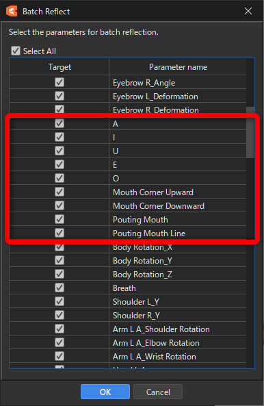 [Cubism Editor 5.3.00 beta1 Useful Features]
1
When inverting an object, the blend shape parameters can now be selected as [Parameters to be inverted].

2
Blend shape parameters can now be inverted using [Bulk invert] in the Parameter palette menu.