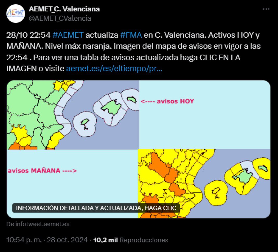 Voy a daros un poco de memoria para que sintais rabia por este tweet.

AEMET: 

25 de octubre: “va a caer una DANA con pronostico muy fuerte el 29 de octubre”

27 de octubre: “va a caer una DANA el 29 tengan precaución”

28 de octubre: “establecemos niveles de alerta naranja en