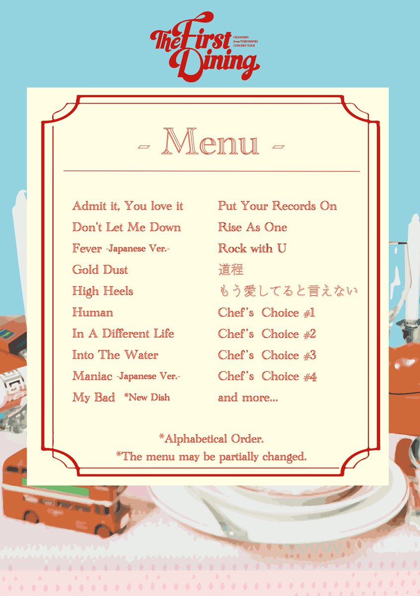 「CHANGMIN from 東⽅神起 CONCERT TOUR ～The First Dining～」Menu公開🍽

“Chef’s Choice”は
公演当日までお楽しみに！👨‍🍳

🎧Menuプレイリストはコチラ
TOHOSHINKI.lnk.to/CHANGMINTheFir…

#東方神起 #CHANGMIN 
#CHANGMIN_TOUR_2025
#CHANGMIN_TOUR_TheFirstDining