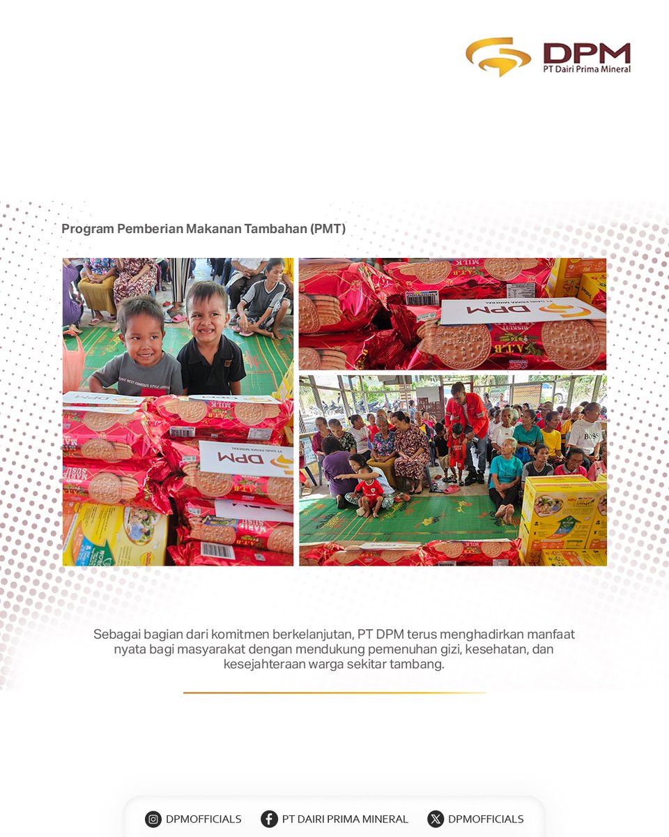 DPMofficials's tweet photo. PT DPM jalankan PPM kesehatan via PMT, beri bubur, roti, puding, dan susu bergizi untuk 1.200+ balita dan lansia di lima desa dan satu kelurahan, dukung gizi dan kesejahteraan warga. 

#RevolutionizingMining #DairiPrimaMineral #ResponsibleMining https://t.co/uaFmy58y3j
