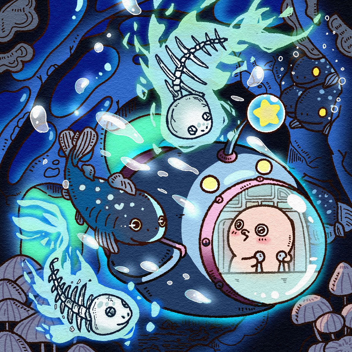 暗い海の奥にひっそりあるシーラカンス村🌌🐟
生きてる子も、骨になった子も…
深海の世界はワクワクとドキドキがいっぱい🥹
ロマンあるなぁ…✨