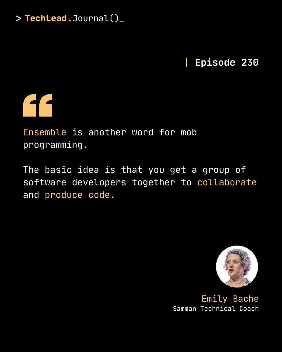 techleadjournal's tweet image. What is ensemble programming?
On #TechLeadJournal 230, Emily Bache explains the basic idea: a group of developers collaborating together to produce code. #MobProgramming
Watch the full episode: youtu.be/w2absqsIepI?fe…
Show Notes: techleadjournal.dev/episodes/230/