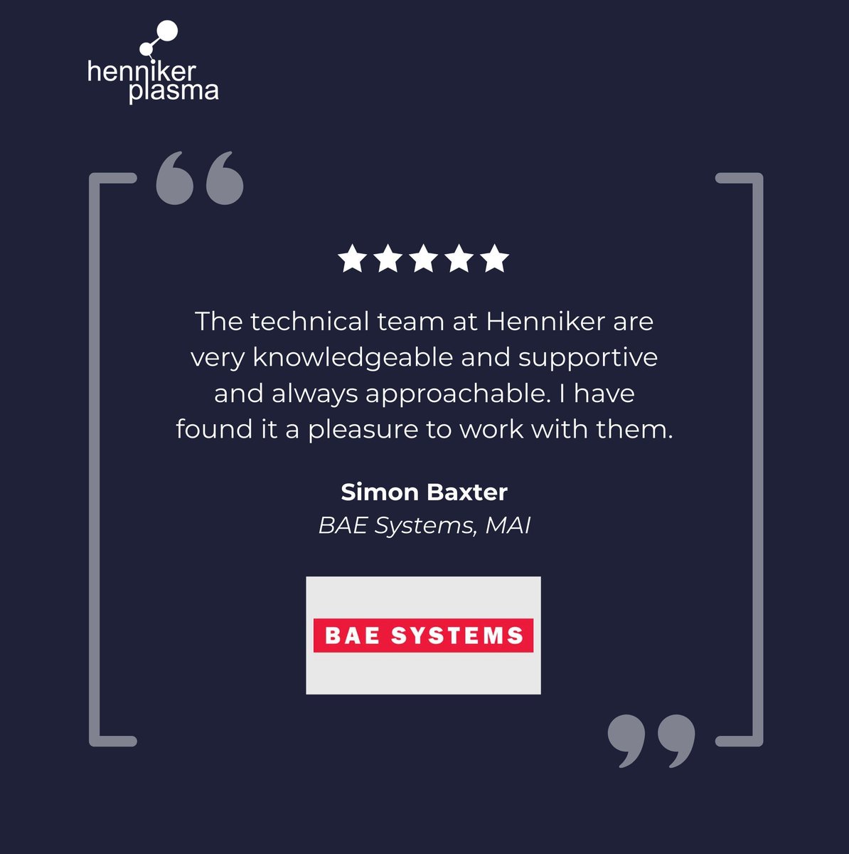 ✈️ Proud to support aerospace innovators like BAE Systems.

Simon Baxter praised our team’s expertise &amp; support—because at Henniker, it’s more than tech, it’s partnership.

📧 enquiries@plasmatreatment.co.uk

🔗 plasmatreatment.co.uk

#PlasmaTreatment #Aerospace #Engineering