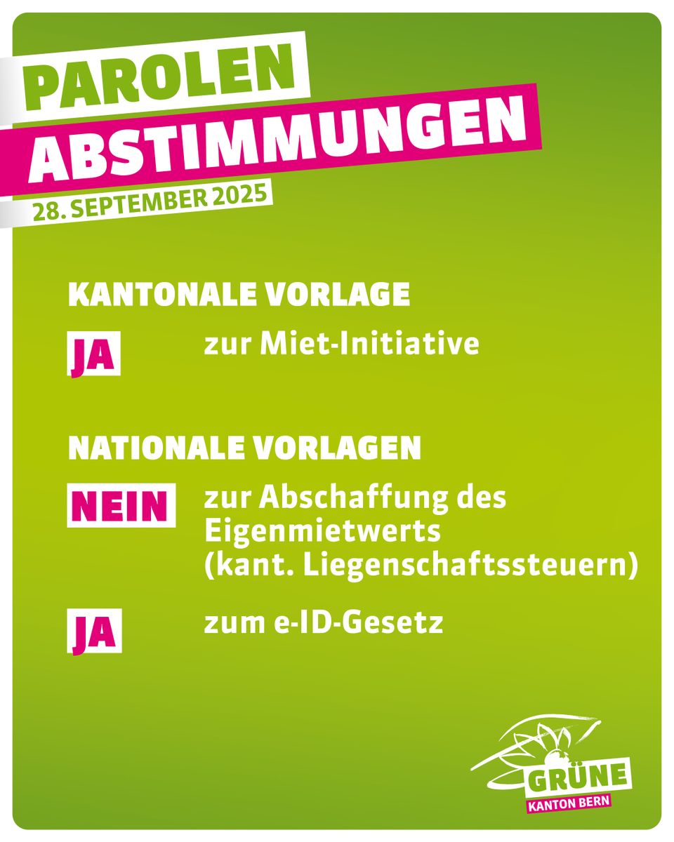 Die Delegierten der <a href="/gruenebern/">GRÜNE Kanton Bern</a> haben gestern ihre Parolen für die #Abst25 vom 28. September 2025 gefasst. #mietinitiativeJA #fairemieten #bezahlbareswohnen 👉 gruenebern.ch/blog/medienmit…