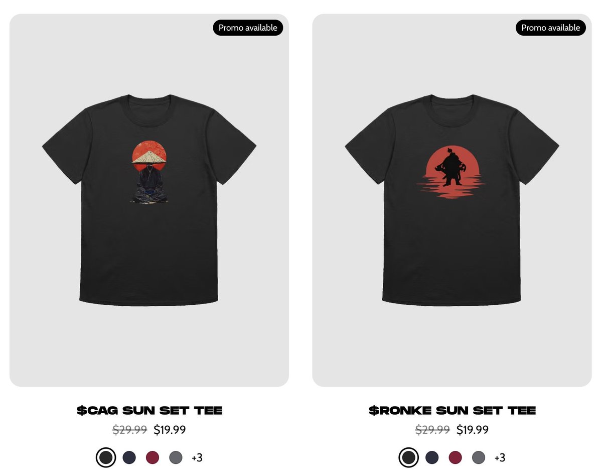 🌄Sun Set themed <a href="/RonkeOnRon/">Ronin Monke</a> and <a href="/thetickeriscag/">Cute Asian Girl $CAG</a> merchandise

TOMORROW on shop.jin.meme