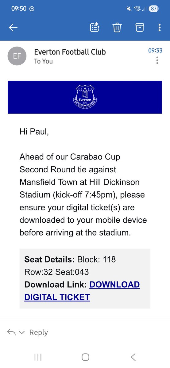 If the person in Block 118, Row 32, Seat 43 for last night's match wants their ticket, it's been emailed to me this morning...... <a href="/Everton/">Everton</a> <a href="/efc_fanservices/">Everton Fan Services</a> <a href="/EFC_FansForum/">Everton Fans' Forum</a>