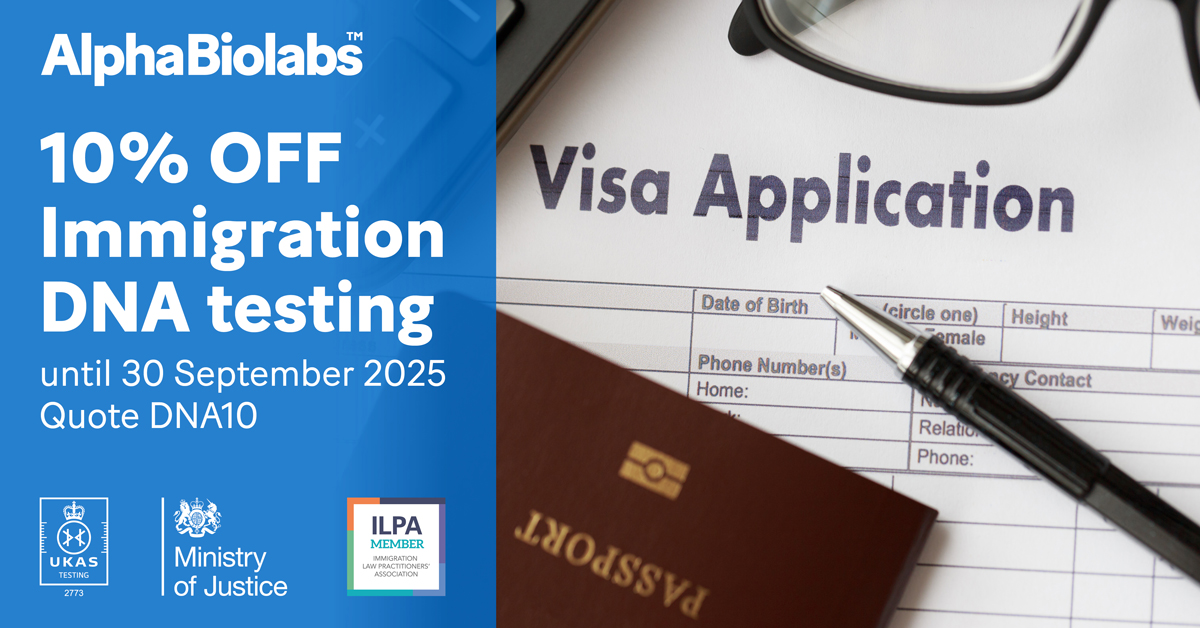 Why choose AlphaBiolabs for immigration DNA testing? 🌍

✔︎ Next-day results as standard 
✔︎ DNA testing for all family relationships
✔︎ Accepted by the Home Office, UK Visas and Immigration, HM Passport Office, Border Force &amp; Immigration Enforcement 
✔︎ Ministry of
