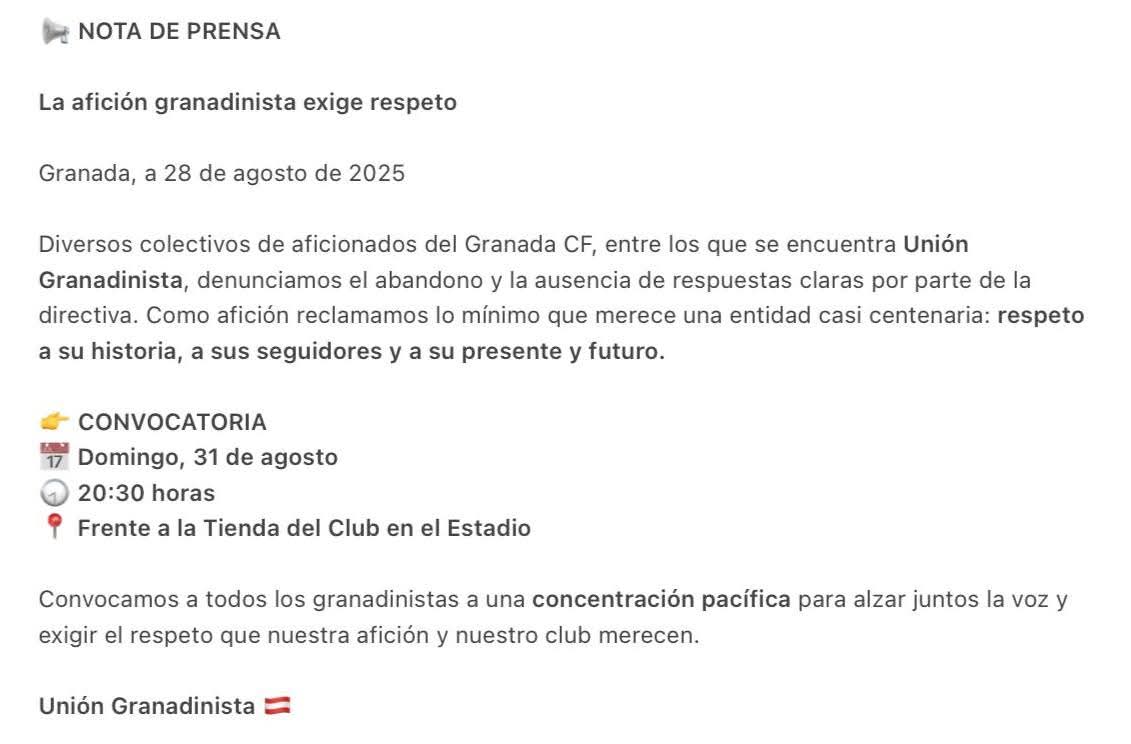 Comunicado de prensa y convocatoria de concentración pacífica. Domingo a las 20:30 en la esquina de la tienda oficial del club.