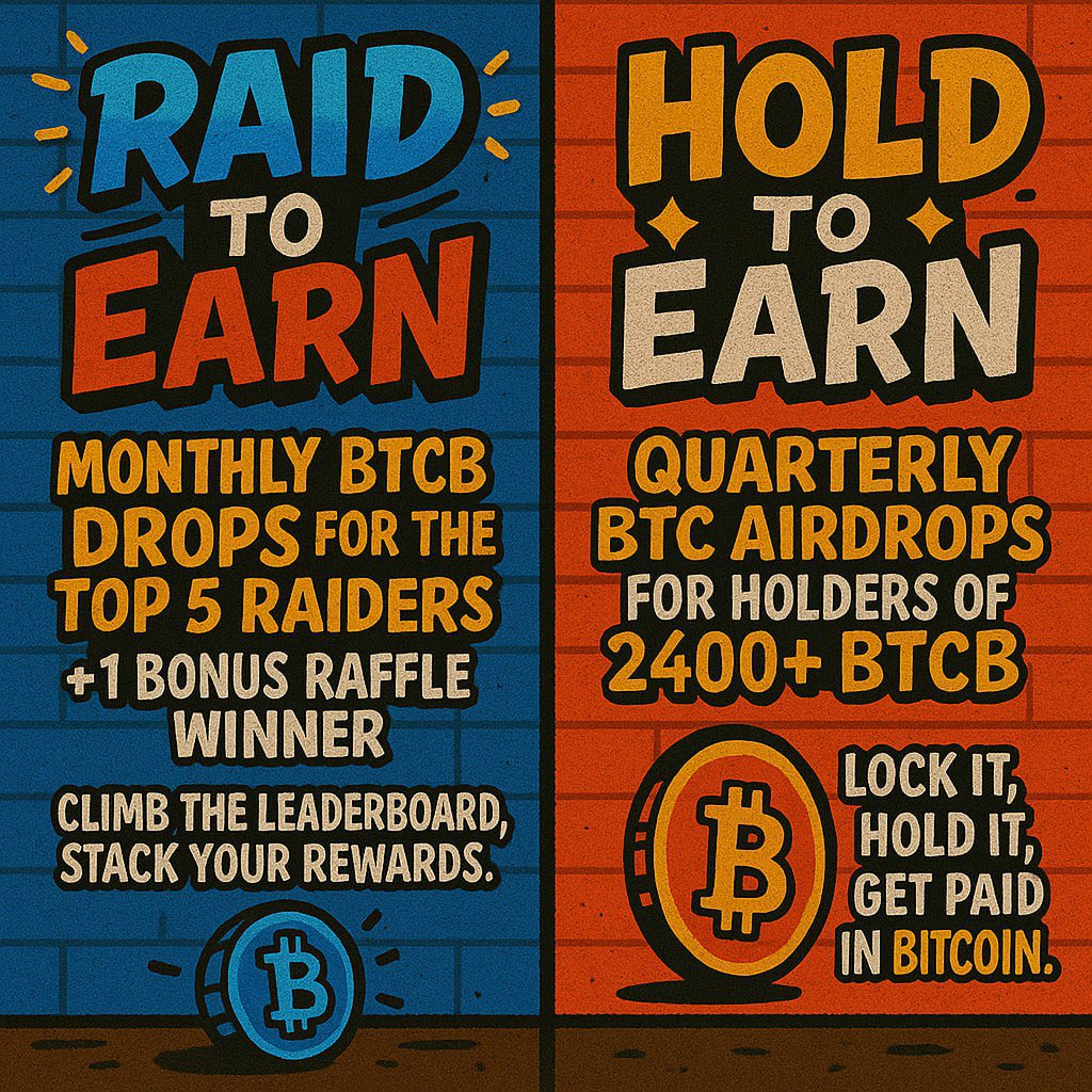 Promotional graphic for BTCB showing Raid to Earn and Hold to Earn mechanisms