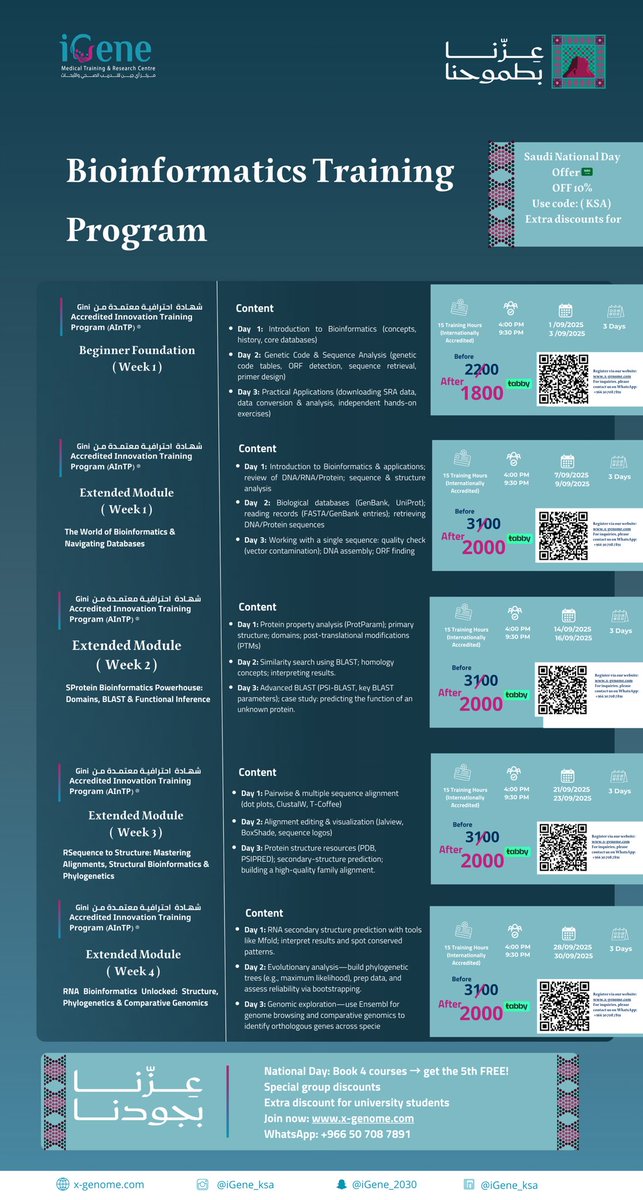 أقوى حدث تدريبي في الشرق الأوسط!
Bioinformatics Training Program
 من التأسيس إلى الاحتراف 
تعلم تحليل الجينات والبيانات الحيوية مع مدربين دوليين ✨

📌 الأسبوع 1: الأساسيات وتحليل DNA 
📌 الأسبوع 2: قواعد البيانات وتجميع الجينوم 
📌 الأسبوع 3: تحليل البروتين و BLAST 
📌 الأسبوع