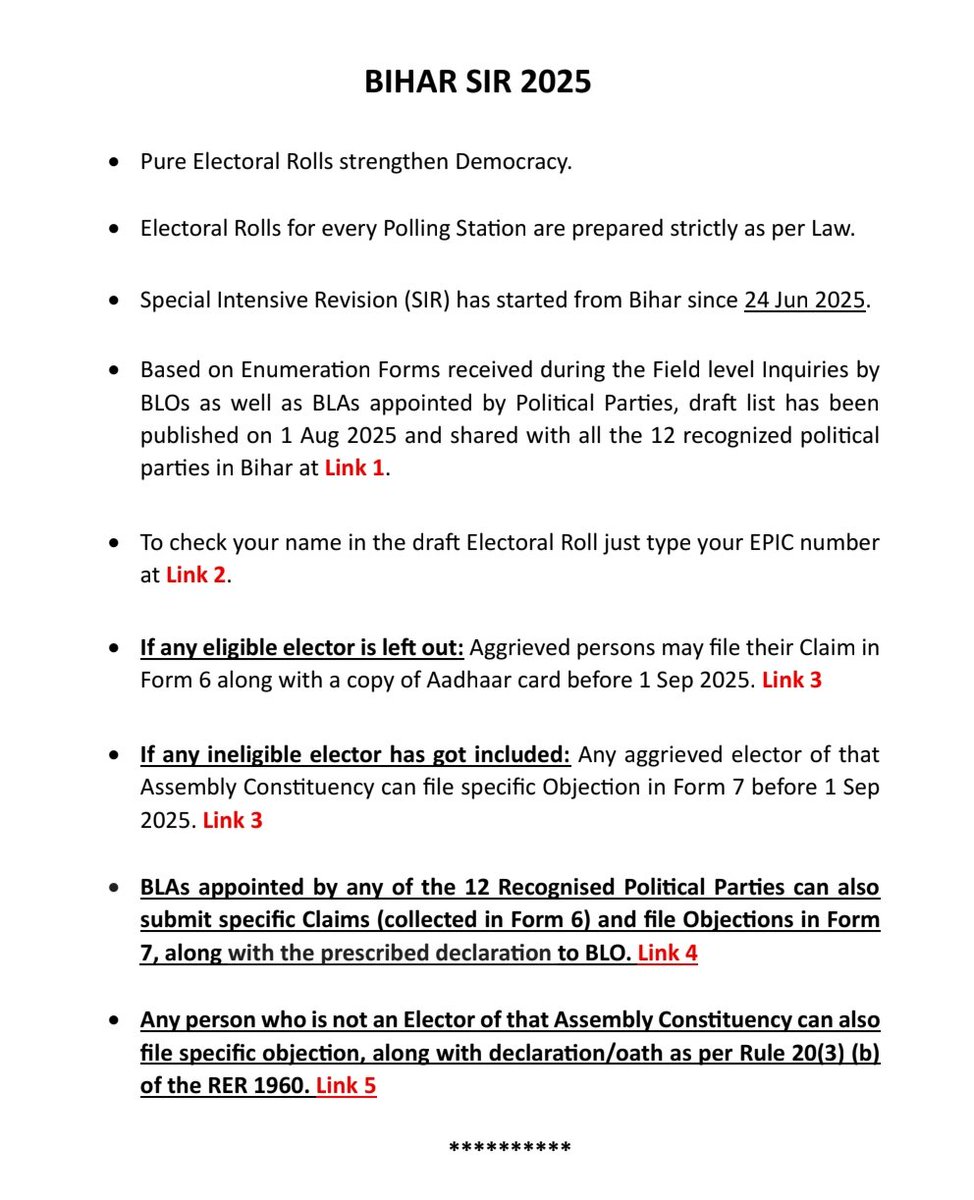 Please Read #Bihar #SIR  DAILY BULLETIN:1st Aug(3 PM) till 28 Aug (10 AM)at: tinyurl.com/3snfaxny

Other Ref. Links: 
Link 1: tinyurl.com/3te8dcda
Link 2: voters.eci.gov.in/home/enumFormT…
Link 3: voters.eci.gov.in
Link 4: tinyurl.com/ye26vjxs
Link 5: tinyurl.com/bt2dred2
