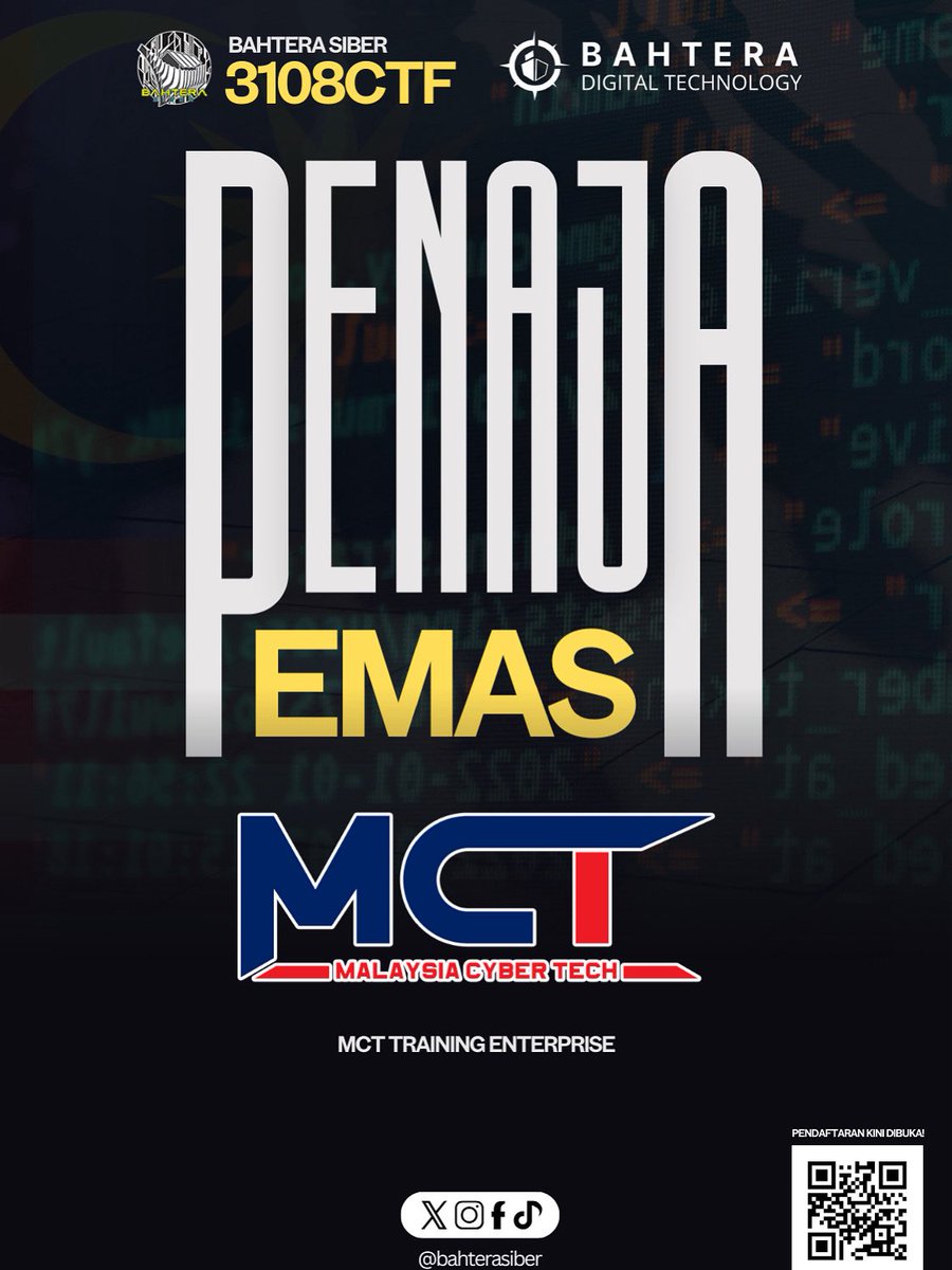 bahterasiber's tweet photo. Penaja Emas 3108 CTF!

Bahtera Siber Malaysia dengan penuh rasa penghargaan mengumumkan MCT Training Enterprise sebagai Penaja Emas bagi 3108 CTF: Bayang Satria! https://t.co/5IJm7sjBbU