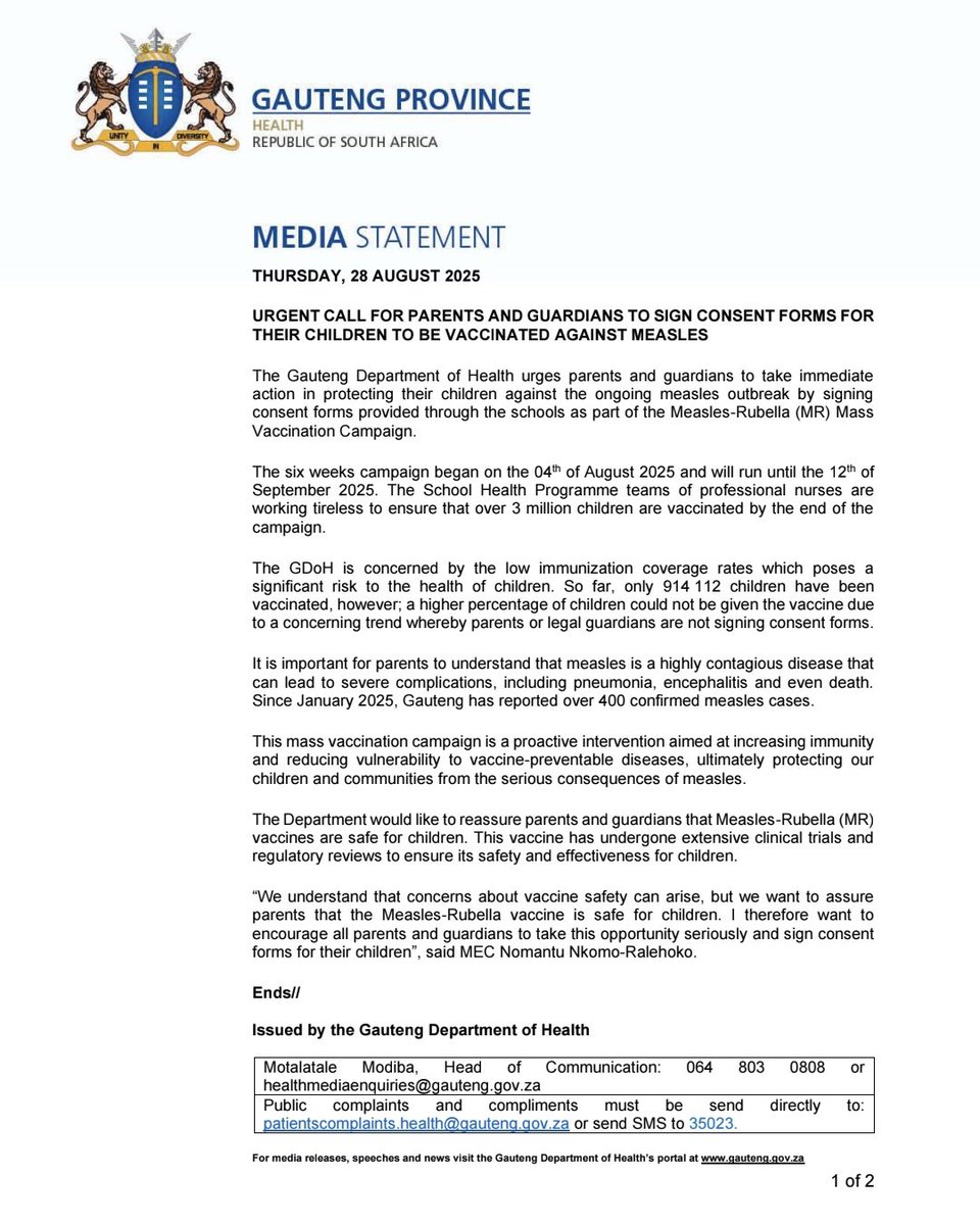MEDIA STATEMENT || URGENT CALL FOR PARENTS TO SIGN CONSENT FORMS FOR THEIR CHILDREN TO BE VACCINATED  AGAINST MEASLES