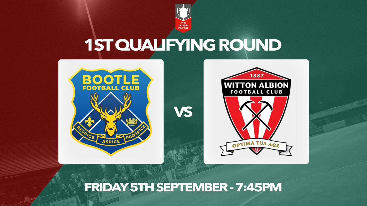 FA Trophy, under the lights! 💡

Our Isuzu FA Trophy fixture against <a href="/WittonAlbion/">Witton Albion Football Club</a> has been scheduled for Friday 5th September, kick off at 7:45pm.

#UpTheBucks 🟡