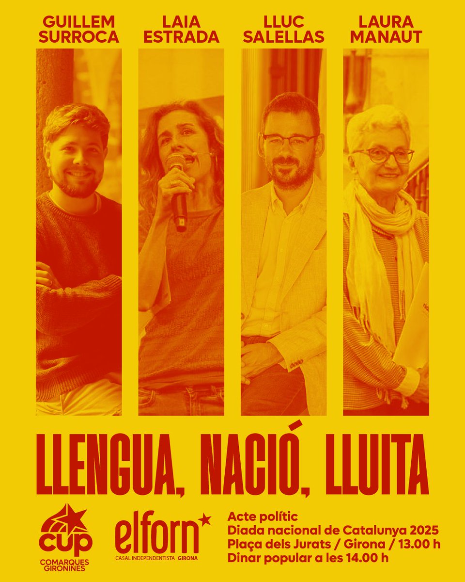 L'11 de setembre ens veiem a Girona per celebrar la Diada nacional de Catalunya amb <a href="/llsalellasvilar/">Lluc Salellas i Vilar</a> (alcalde de Girona), <a href="/EstradaLaia/">Laia Estrada</a> (exdiputada al Parlament), <a href="/GuillemSurroca/">Guillem Surroca</a> (alcalde de Cervià de Ter i diputat provincial) i Laura Manaut (Ràdio Arrels).

Llengua, nació i