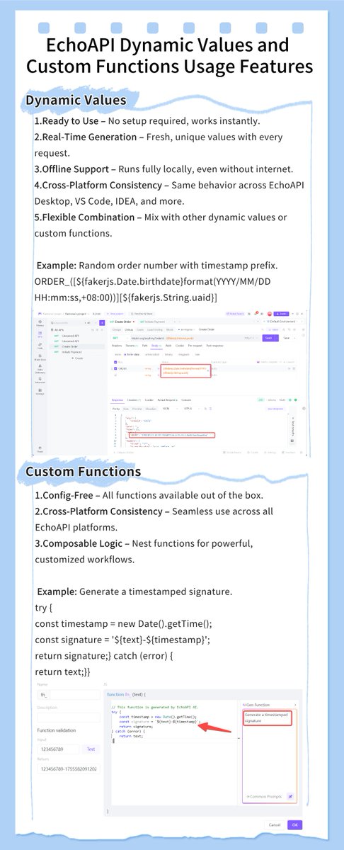 EchoAPIteam's tweet image. Generate smarter mocks with EchoAPI—dynamic values, custom functions, and real-time data at your fingertips. 🚀
#EchoAPI #APIMocking #DynamicValues #CustomFunctions #APITesting
