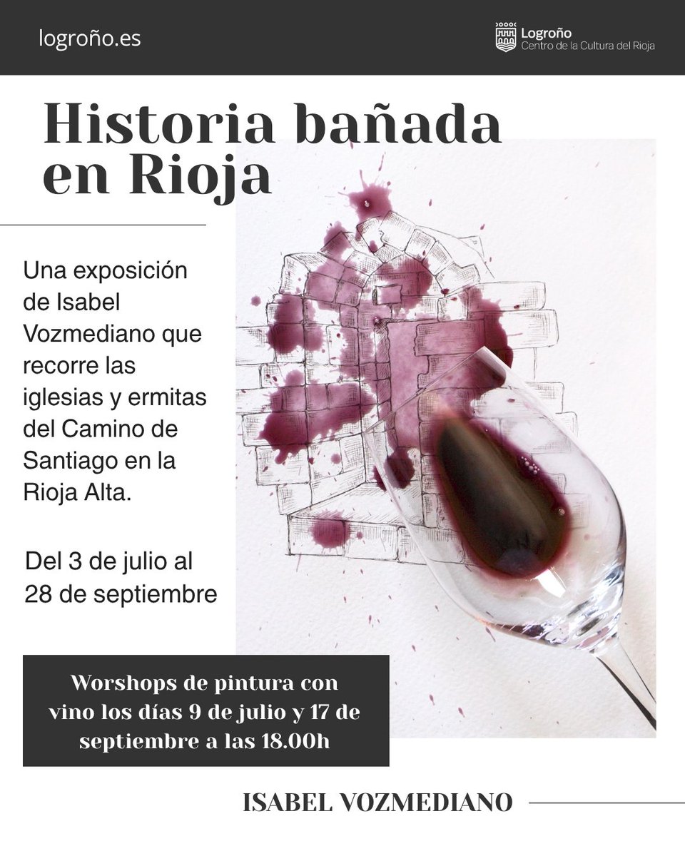 🍷🖌️| El <a href="/CentrodelRioja/">Centro de la cultura del Rioja</a> acoge la exposición ‘Historia bañada en Rioja’, una propuesta artística de Isabel Vozmediano que invita a recorrer, mediante la técnica de la pintura con vino, las ermitas e iglesias del #CaminoDeSantiago a su paso por Rioja Alta.

🗓️ Hasta el 28 de