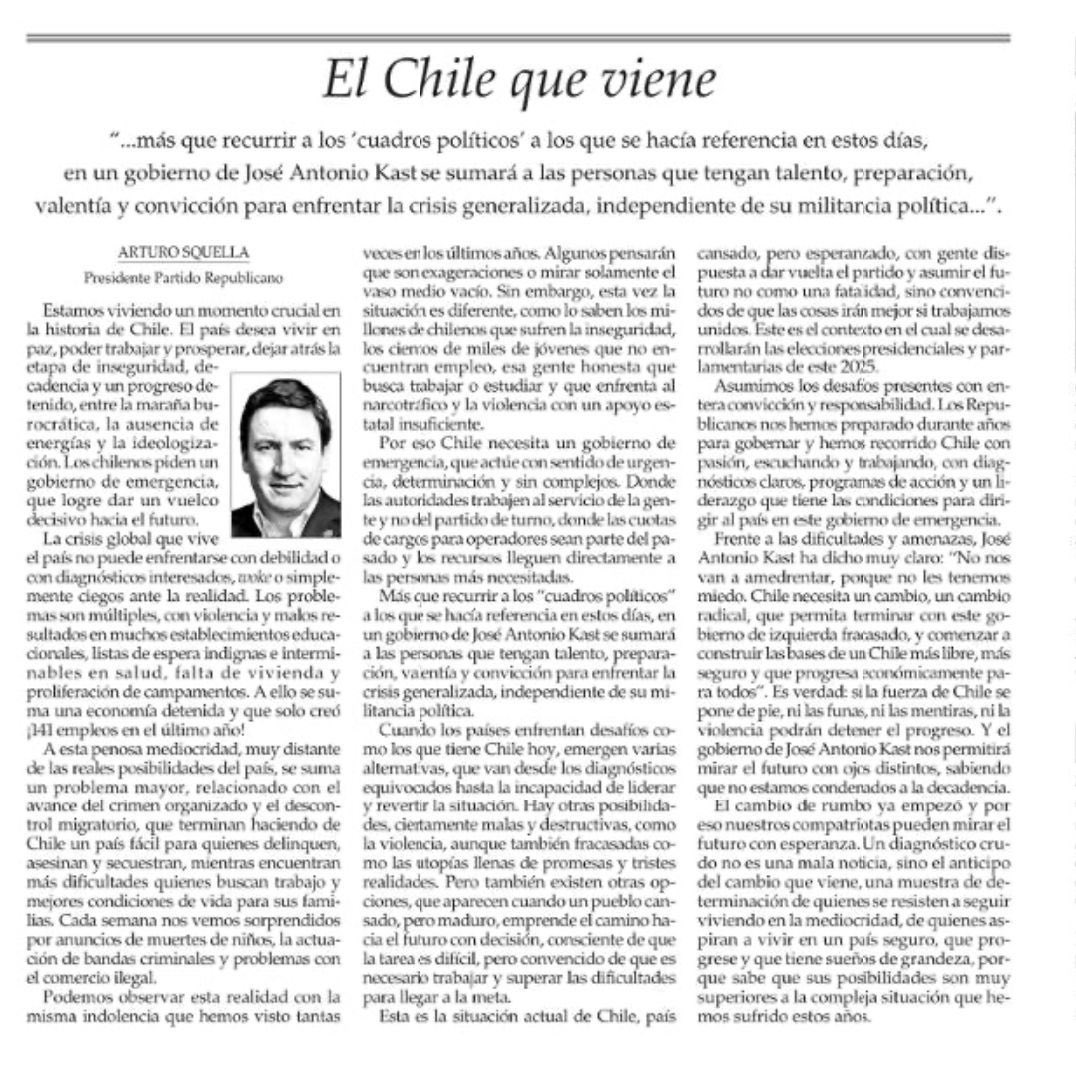 El cambio de rumbo ya comenzó y por eso los chilenos podemos mirar el futuro con esperanza. De la mano de José Antonio Kast trabajaremos sin descanso para ofrecerle a Chile un nuevo horizonte a partir de marzo del 2026, con el fin de recuperar la paz y el progreso.