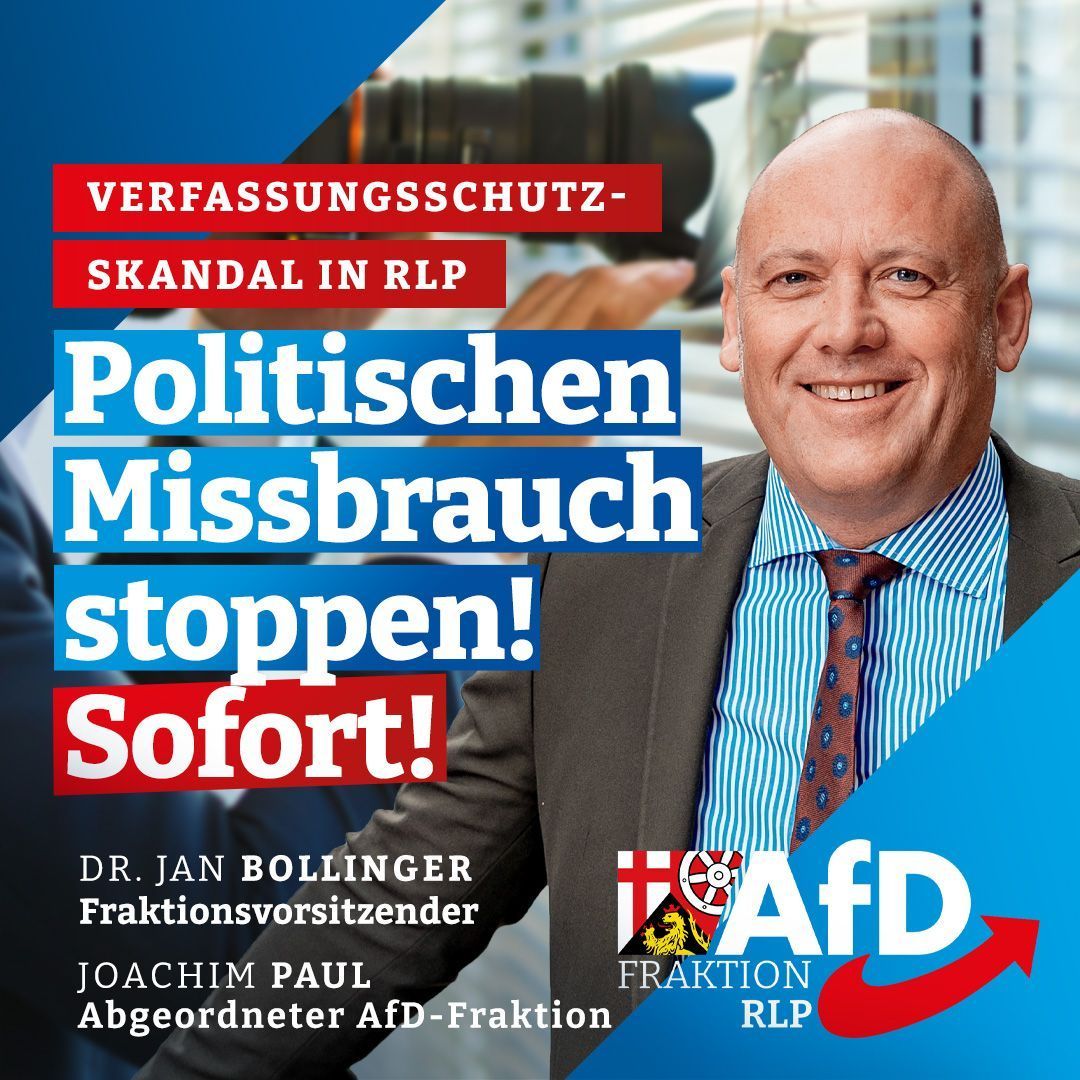 ⚠️ Verfassungsschutz gegen AfD-Kandidaten missbraucht? 
Dr. Jan #Bollinger und Joachim #Paul (beide #AfDFraktion #RLP): Ein #Verfassungsschutz, der politische Aufträge abarbeitet, ist eine Gefahr und beschädigt die #Demokratie. #Aufklärung jetzt! 
#AfD #Ludwigshafen #Missbrauch