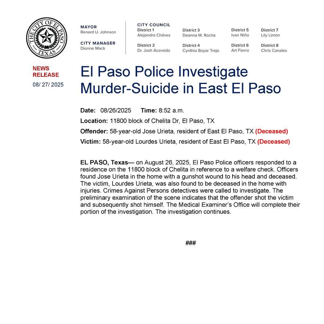 💔 Double Death Investigated as Suspected Murder-Suicide in East El Paso 💔

El Paso, TX – On August 26, 2025, El Paso Police responded to a welfare check at a residence on the 11800 block of Chelita Drive.

Inside, officers found 58-year-old Jose Urieta and 58-year-old Lourdes