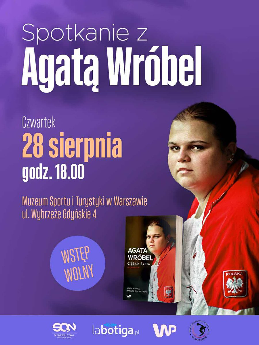 W czwartek 28 sierpnia o godzinie 18:00 w Muzeum Sportu i Turystyki w Centrum Olimpijskim w Warszawie odbędzie się spotkanie autorskie z Agatą Wróbel - dwukrotną medalistką olimpijską z Sydney i Aten, która wydała książkę o swoim życiu i karierze 

Autobiografia "Agata Wróbel.