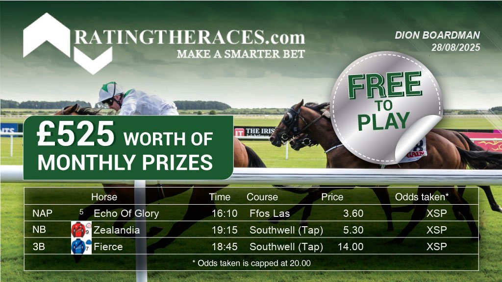My #RTRNaps are:

Echo Of Glory @ 16:10
Zealandia @ 19:15
Fierce @ 18:45

Sponsored by <a href="/RatingTheRaces/">RatingTheRaces</a> - Enter for FREE here: bit.ly/NapCompFreeEnt…