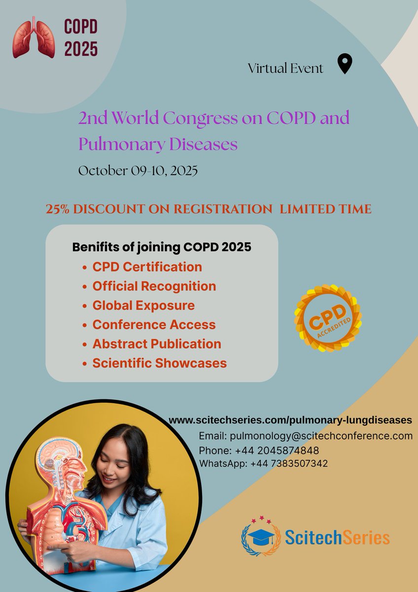 📅 Join us at the 2nd World Congress on COPD &amp; Pulmonary Diseases
💻 Online | Oct 9-10, 2025
🎉 25% Discount – Hurry, limited time!
🔗Register now! 
#COPDCongress2025 #PulmonaryHealth #virtualevent #webinar #copd #Pulmonorydiseases <a href="/ScitechSeries/">Scitech Series</a>