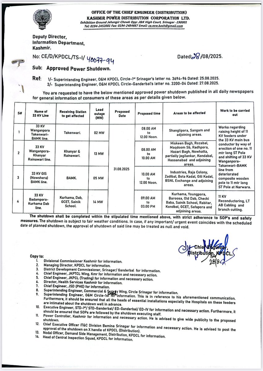 Power shutdown <a href="/kpdcloffice/">Kashmir Power Distribution Corporation Limited</a> <a href="/XEN_EDIV_KPDCL/">Electric Division-IV, Khanyar (KPDCL)</a> <a href="/XEd1st/">ED1st KPDCL</a> <a href="/std_ist/">Sub-Transmission Division, 1st (KPDCL) PDD,Bemina</a>