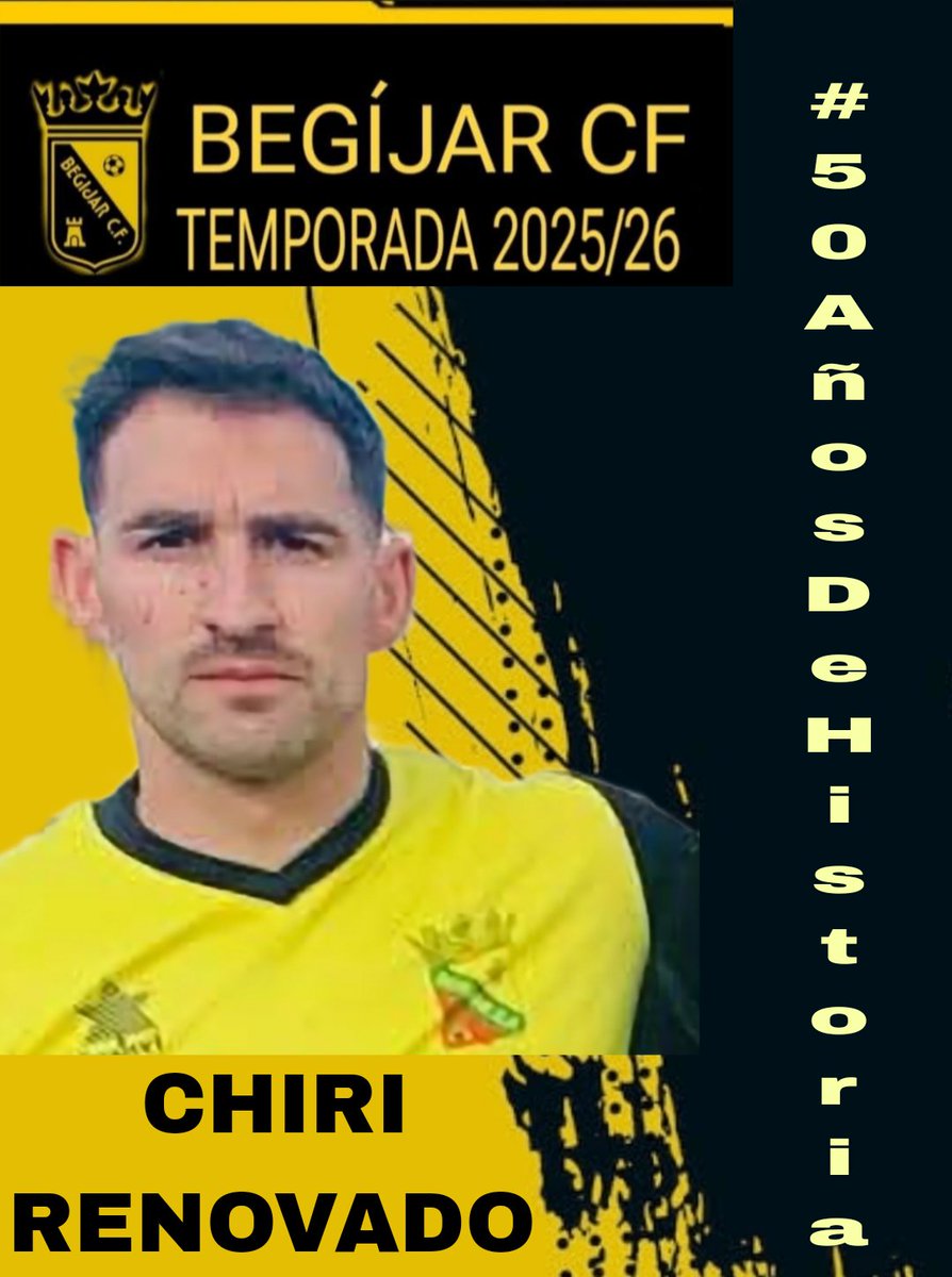 Begijar_CF_1975's tweet photo. RENOVACIONES 
TEMPORADA 
2️⃣0️⃣2️⃣5️⃣/2️⃣6️⃣

Renovación esperada por muchos aficionados, por las dos grandes temporadas.

No solo sus 60 partidos y 18 goles lo avalan, su compromiso y generosidad es la mejor virtud.

CHIRI renueva en el Begíjar CF 

Gracias‼️

💛🖤

#50AñosDeHistoria https://t.co/X3zBDJb0uH