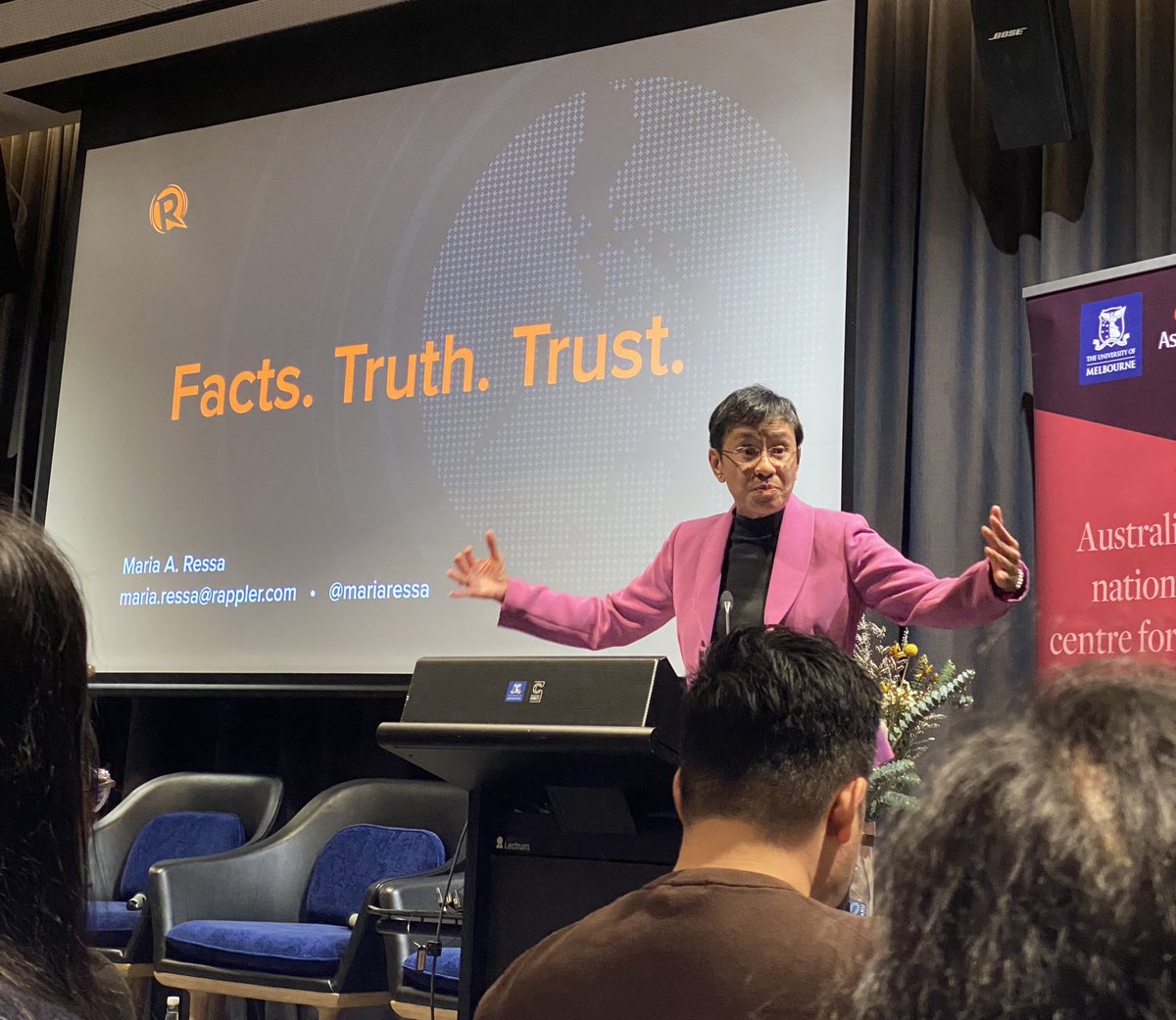 Septrin_Calamba's tweet photo. “By design, social media is turning the world upside down because it’s good for profit…it’s awful for human rights…” @mariaressa @ the 2025 Southeast Asia Orartion @Asialink_au @UniMelb https://t.co/aHMdp94SMd