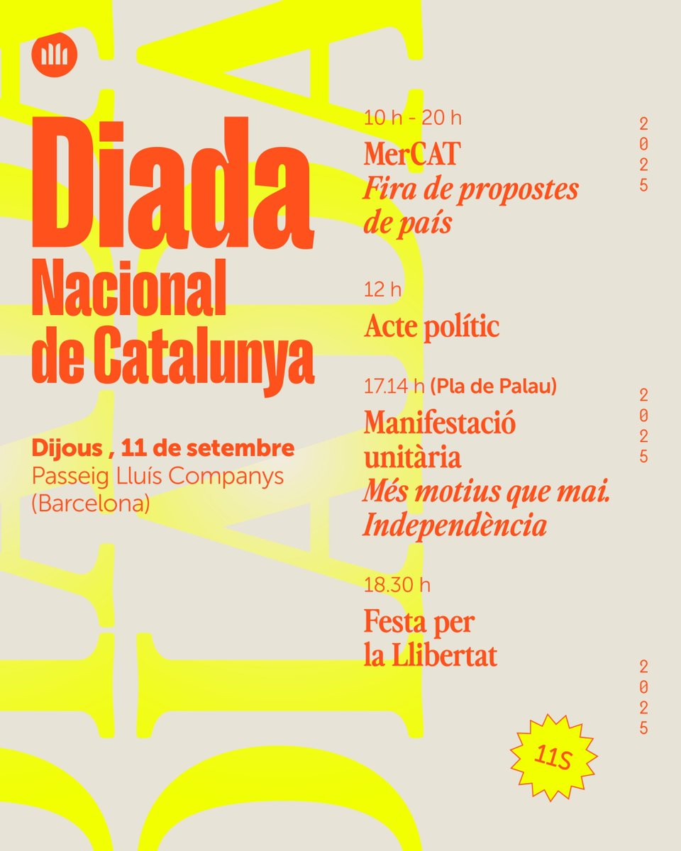 LA DIADA]

Un any més, ens trobem per celebrar la Diada Nacional de Catalunya. 🧡

Orgull de llengua, de cultura, de país.

👀 Aquesta setmana anunciarem els grups que actuaran a la Festa per la Llibertat!

🔗 Més informació aquí (omnium.cat/ca/projectes/f…).