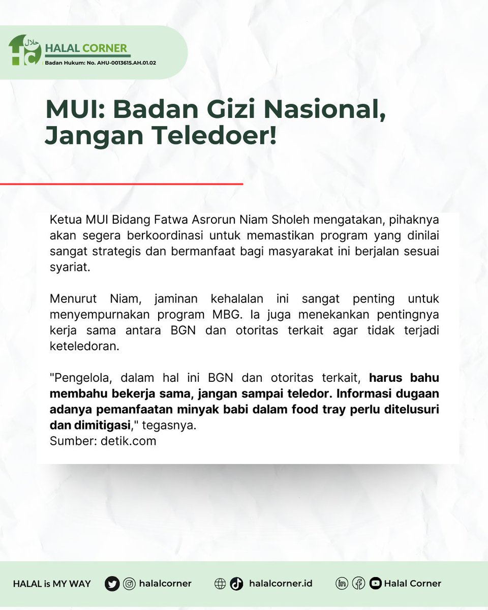 halalcorner's tweet image. MUI sejak tahun 2019 tidak lagi mengelola Sertifikasi Halal, dan tugas ini telah diambil alih oleh BPJPH. Namun demikian, MUI akan mengawal program MBG ini sesuai syariat 
#mbg #mui