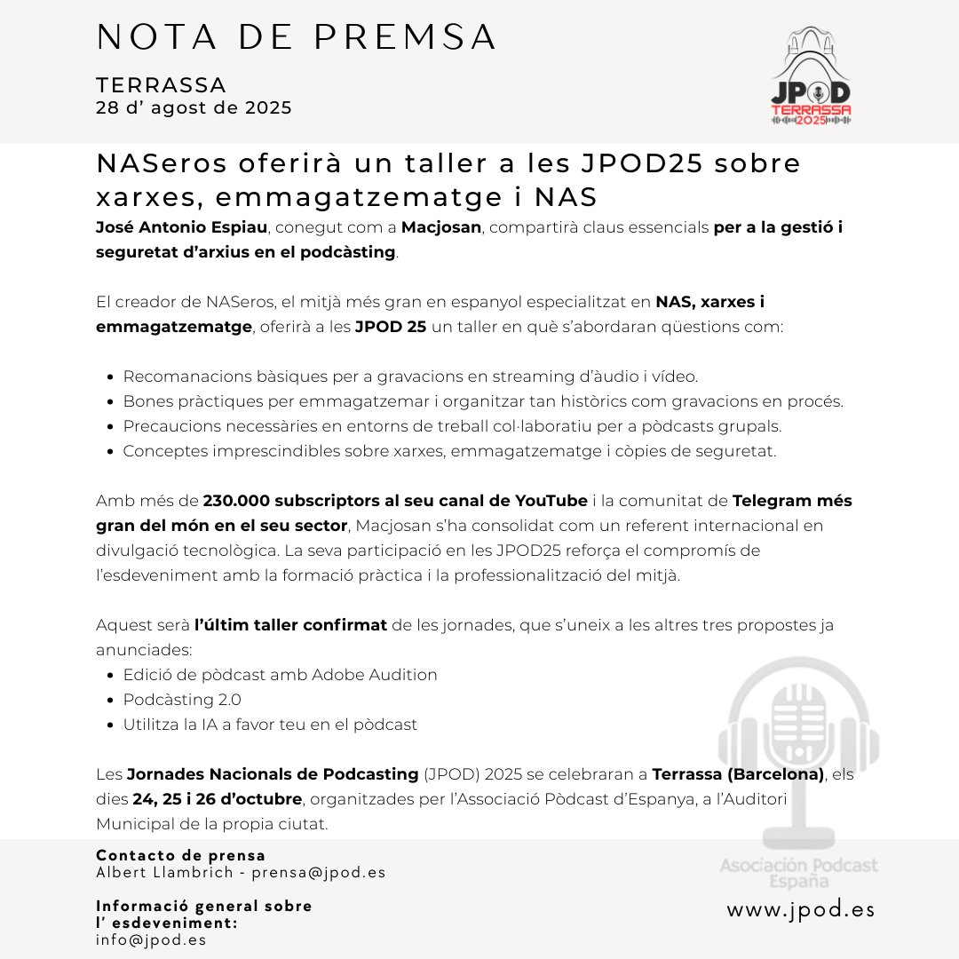 Jpod25Terrassa (@jpod25terrassa) on Twitter photo Nuevo taller confirmado para las #jpod2025terrassa y es que Macjosan de <a href="/NASeros_com/">NASeros_com</a> vendrá a dar una clase magistral sobre lo que más sabe: el NAS.
No te puedes perder este taller en las JPOD de #Terrassa los días 24, 25 y 26 de octubre.
Toda la información en Nuevo taller confirmado para las #jpod2025terrassa y es que Macjosan de <a href="/NASeros_com/">NASeros_com</a> vendrá a dar una clase magistral sobre lo que más sabe: el NAS.
No te puedes perder este taller en las JPOD de #Terrassa los días 24, 25 y 26 de octubre.
Toda la información en