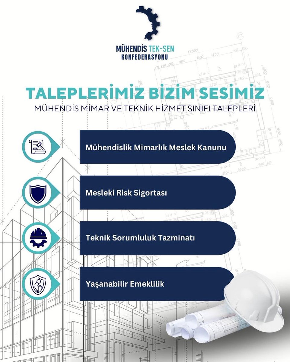 Mühendis Tek-Sen Konfederasyonu (@muhteksen_konf) on Twitter photo Mühendisler, mimarlar, teknik hizmetler sınıfı olarak yıllardır aynı şeyi söylüyoruz:
📌Taleplerimiz:
- Mühendislik Mimarlık Meslek Kanunu
- Mesleki Risk Sigortası
- Teknik Sorumluluk Tazminatı
- Yaşanabilir Emeklilik
Bunlar lütuf değil, hakkımızdır.
<a href="/MuhTekBuro/">Mühendis Tek-Sen Büro</a> Mühendisler, mimarlar, teknik hizmetler sınıfı olarak yıllardır aynı şeyi söylüyoruz:
📌Taleplerimiz:
- Mühendislik Mimarlık Meslek Kanunu
- Mesleki Risk Sigortası
- Teknik Sorumluluk Tazminatı
- Yaşanabilir Emeklilik
Bunlar lütuf değil, hakkımızdır.
<a href="/MuhTekBuro/">Mühendis Tek-Sen Büro</a>