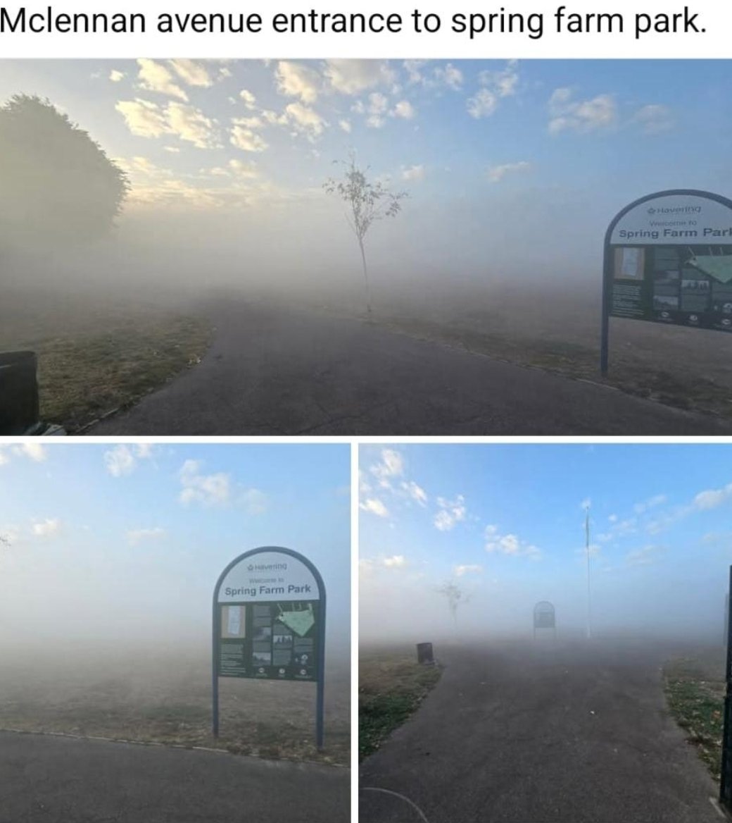 This is the McLennan Avenue entrance to Spring Farm Park, covered in thick, choking smog. This isn’t early morning mist. This is what Rainham residents are forced to breathe every single day. Families, children, and elderly people walk through this park. 🧵
