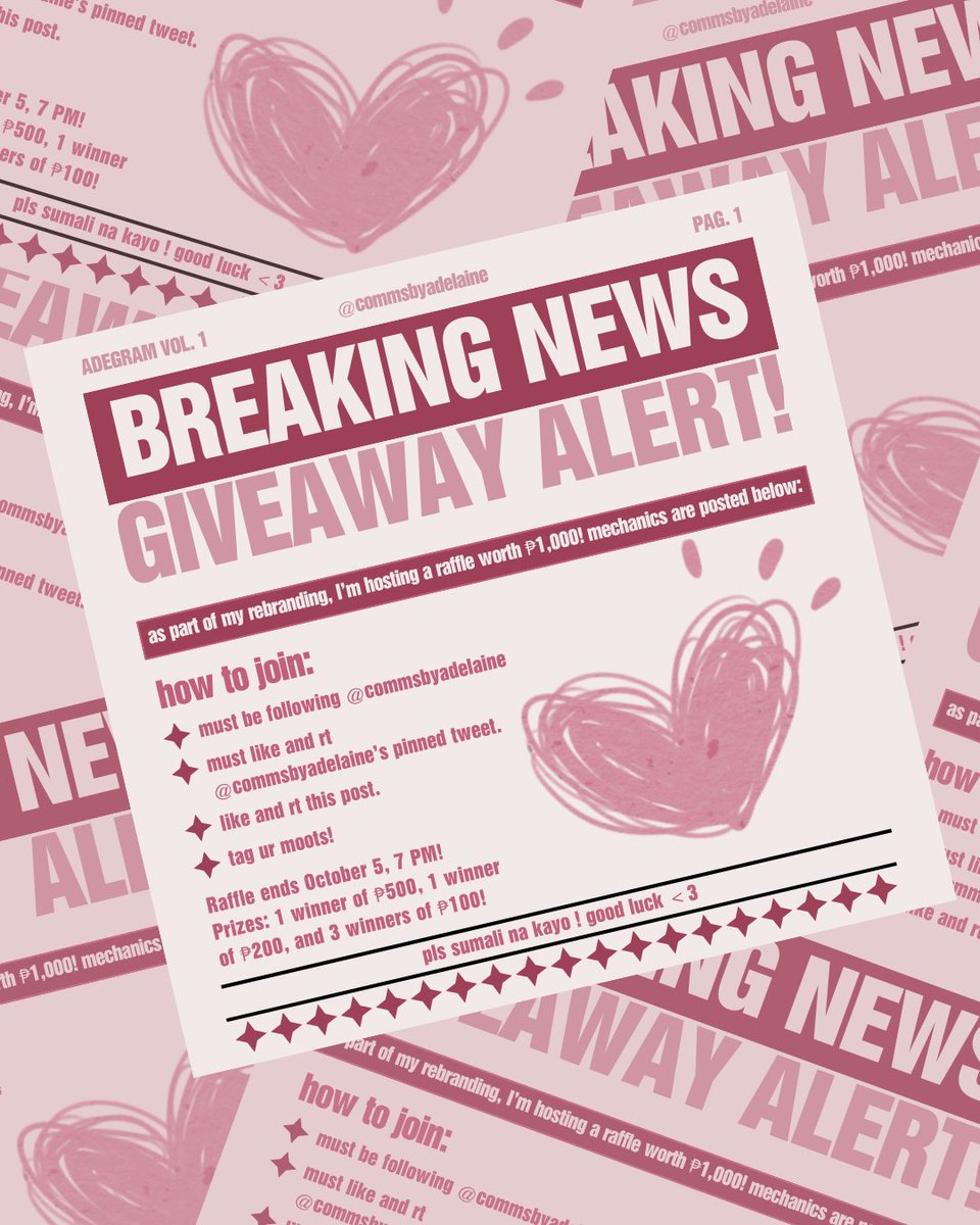 Adelaine's rebrand giveaway! 💘

- 1 winner of 500 php, 1 winner of 200 php, &amp; 3 winner of 100 php

⭐️follow <a href="/commsbyadelaine/">adelaine — pharmacy & write ups</a> 
⭐️like &amp; rt my pinned post <a href="/commsbyadelaine/">adelaine — pharmacy & write ups</a>  
⭐️like &amp; rt this tweet
⭐️tag ur moots  
⭐️ends on Oct 5 at 7PM

good luck !

tags. commstwt joiners