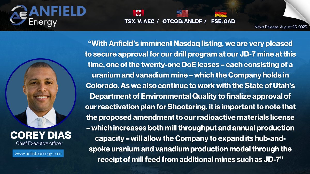 CEO Corey Dias comment on the approval from the state of Colorado to conduct a 20-hole 8,000’ rotary drill program at the JD-7 open pit in its West Slope project in Montrose County, Colorado.
News release: anfieldenergy.com/anfield-to-com…

🇨🇦 $aec 🇺🇸 $anldf 🇩🇪 $OAD #uranium #vanadium