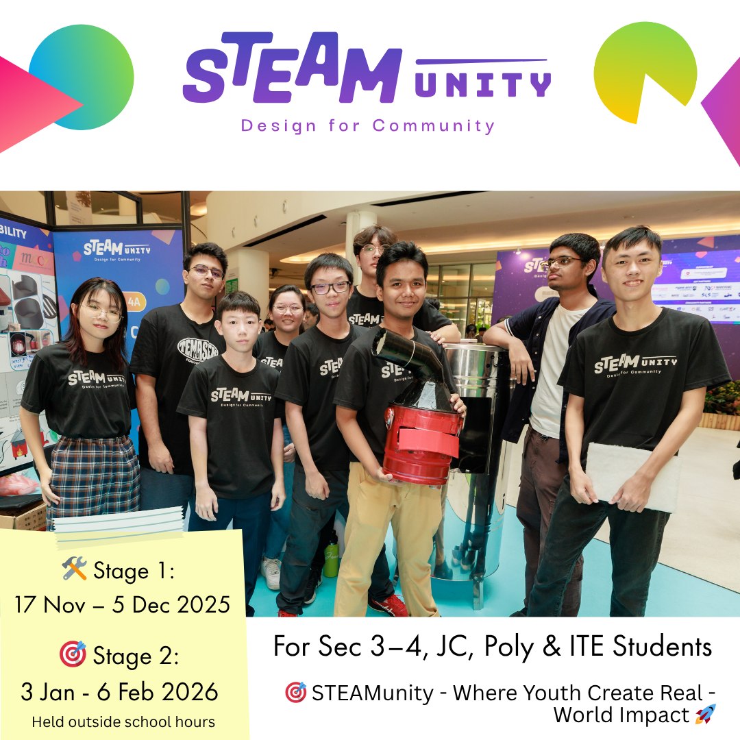 sutdsg's tweet image. 👪 Parents, is your teen in Sec 3, Sec 4, JC, Poly or ITE?

SUTD presents the 5th run of STEAMunity with Science Centre Singapore, MOE and NRF — free, hands-on learning in design, AI &amp;amp; innovation. 🚀

Register: sutd.edu.sg/innovation/ste…

#SUTD #STEAMunity #STEM #FutureSkills
