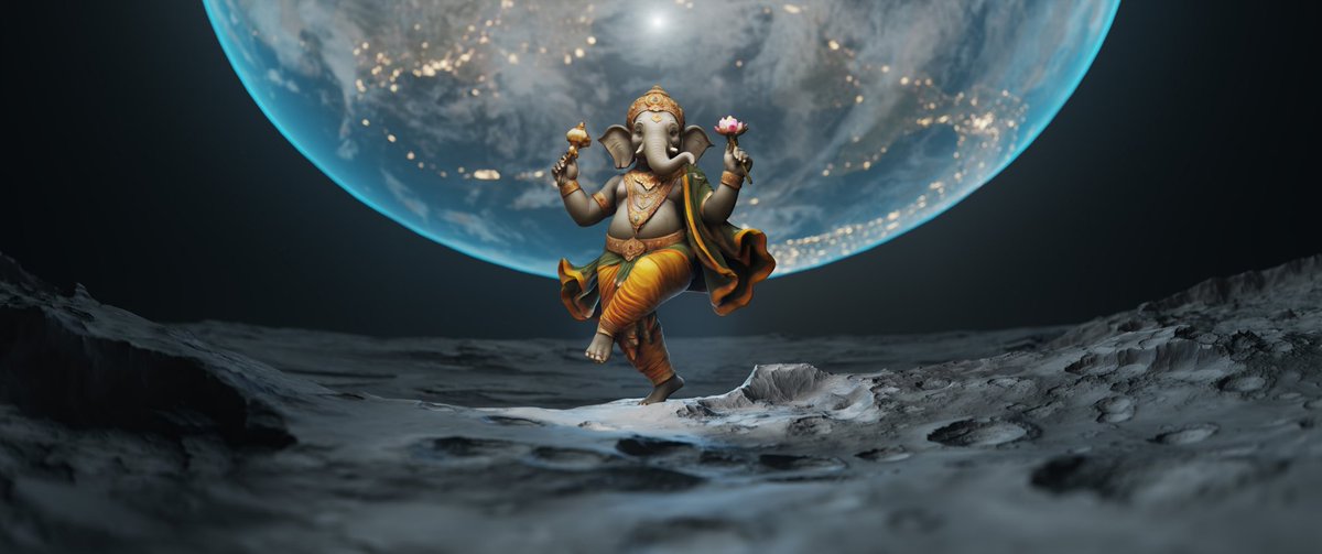 Iamrahulart's tweet image. Ganesh Ji x Cosmic Canvas

A surreal digital artwork blending spirituality with cosmic wonder — Lord Ganesha gracefully standing on the moon, with Earth illuminating the backdrop. The composition represents divinity beyond boundaries, merging mythology with the infinite universe.