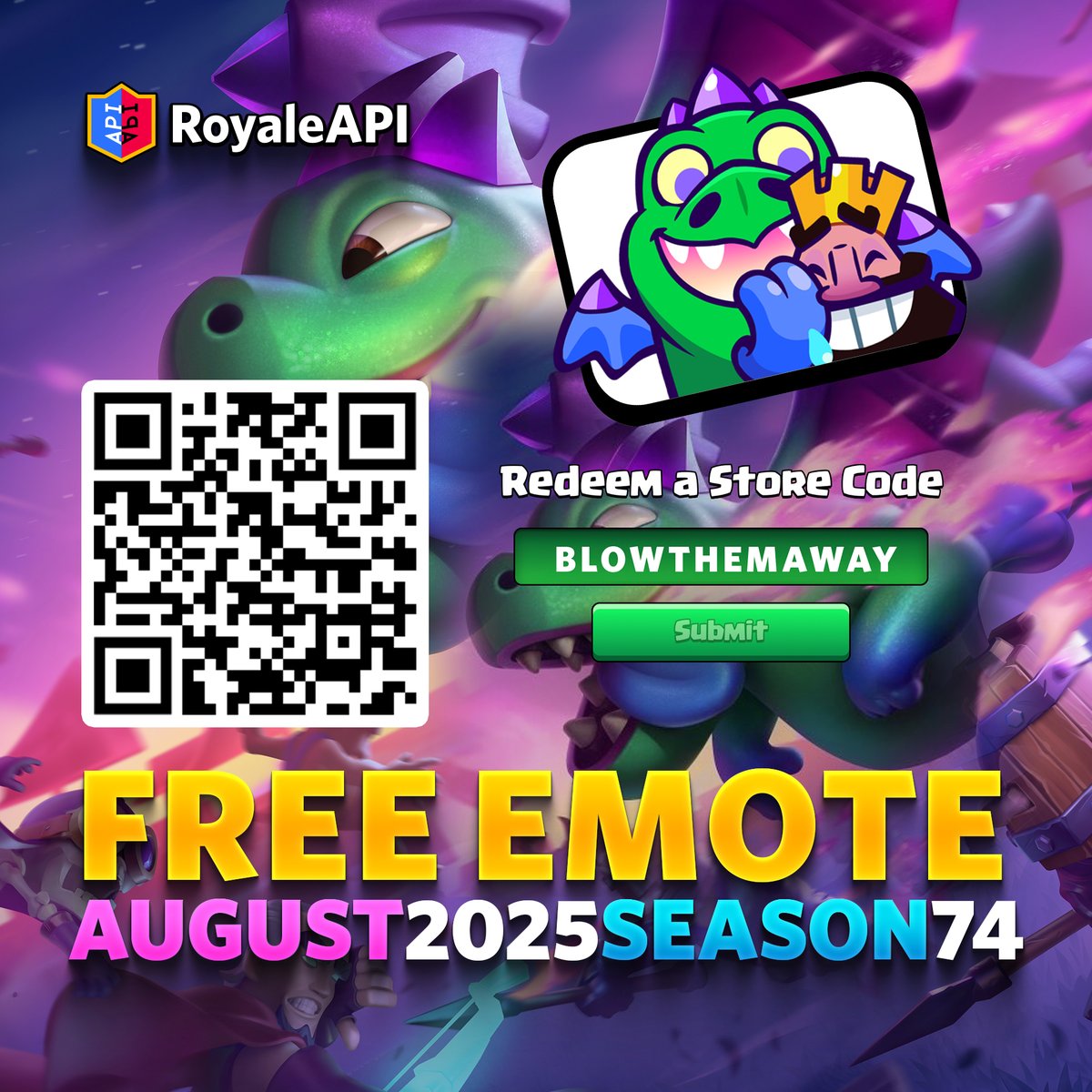 RoyaleAPI's tweet image. Get this Baby Dragon Face Lick emote for free at the Supercell Clash Royale Store!

1. Scan the QR code or go to on.royaleapi.com/crstore 
2. Enter BLOWTHEMAWAY in the “Redeem a Store Code” section

If you don’t see the section, make sure that you’re logged in!