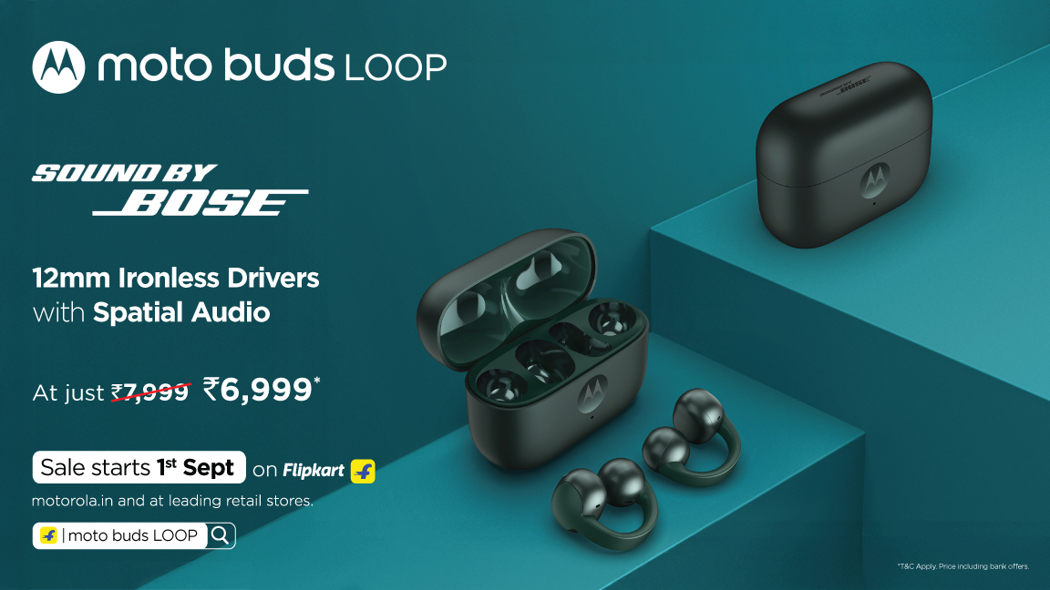 gogiinc's tweet image. New audio kings are here! 
Moto Buds Loop – Spatial Sound by Bose
Moto Buds Bass – Super Bass + 50dB ANC

Price: ₹6,999* &amp;amp; ₹1,999 | Sale Sept 1 &amp;amp; 8
#MotoBudsLoop #MotoBudsBass